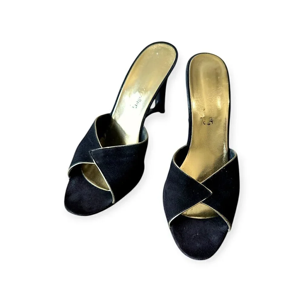 Andrew Geller Black Suede Gold‎ Trim Cutout Wededge Sandals, Vintage,